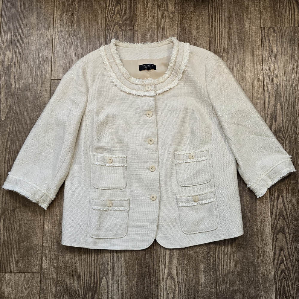 Talbots Blazer Womens 14 Plus Ivory Tweed Jacket Workwear Minimalist Academia